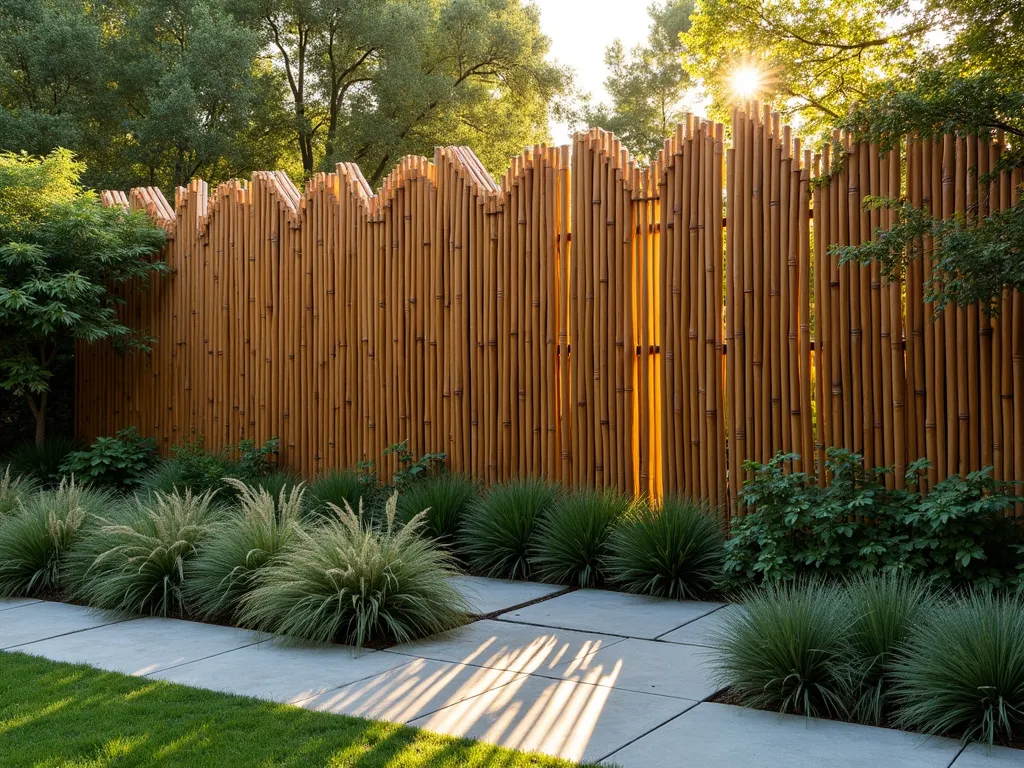 Modern Geometric Bamboo Garden Border - A stunning modern garden border featuring sleek bamboo poles arranged in an intricate geometric zigzag pattern, photographed during golden hour. The contemporary design shows uniform-height bamboo poles creating a sophisticated hedge border against a lush garden backdrop. The bamboo poles are artistically positioned at precise angles, casting dramatic shadows on a stone path below. The geometric pattern is punctuated by ornamental grasses and Japanese forest grass for texture contrast. Shot with a wide-angle lens at f/8, capturing the full scope of the architectural design while maintaining crisp detail in both the bamboo structure and surrounding landscape. Natural golden sunlight filters through the bamboo creating an ethereal atmosphere.