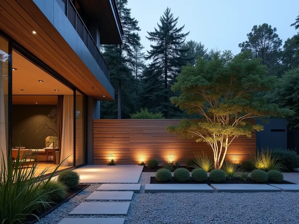 Modern Split Bamboo Garden Border - A serene dusk scene featuring a contemporary Japanese-inspired garden with elegant split bamboo screen edging. The horizontal bamboo panels, precisely aligned at 3 feet height, create clean lines against a minimalist landscape. Soft uplighting illuminates the natural texture of the bamboo screens, casting gentle shadows on smooth pebbles below. Modern ornamental grasses and cloud-pruned bushes complement the zen aesthetic. Shot from a 45-degree angle to showcase both the length and height of the bamboo border, with selective focus on the bamboo's natural grain pattern. Muted evening colors enhance the peaceful atmosphere.