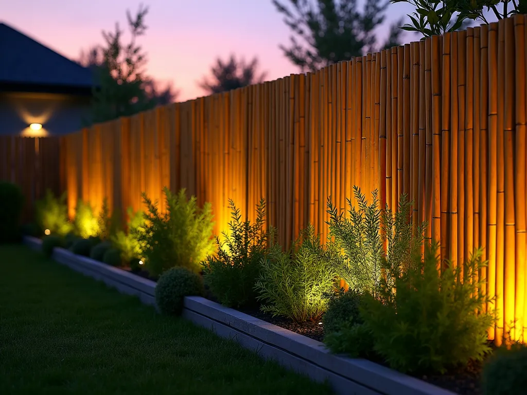 Modern Vertical Bamboo Garden Border - A stunning dusk photograph of a modern herb garden bordered by elegant vertical bamboo stakes of varying heights (3-6 feet), creating a rhythmic fence-like pattern. The bamboo poles are naturally golden-colored and arranged in an artistic ascending and descending pattern. In the foreground, a meticulously organized collection of fresh herbs grows in raised beds, while soft garden lighting illuminates the bamboo stakes from below, casting dramatic shadows. The composition is captured from a 45-degree angle to show both depth and height, with the bamboo stakes silhouetted against a purple-orange sunset sky. Natural bokeh effect in the background with minimal garden features. Shot with shallow depth of field to emphasize the geometric patterns of the bamboo stakes. Professional photographic quality with perfect exposure and sharp detail.