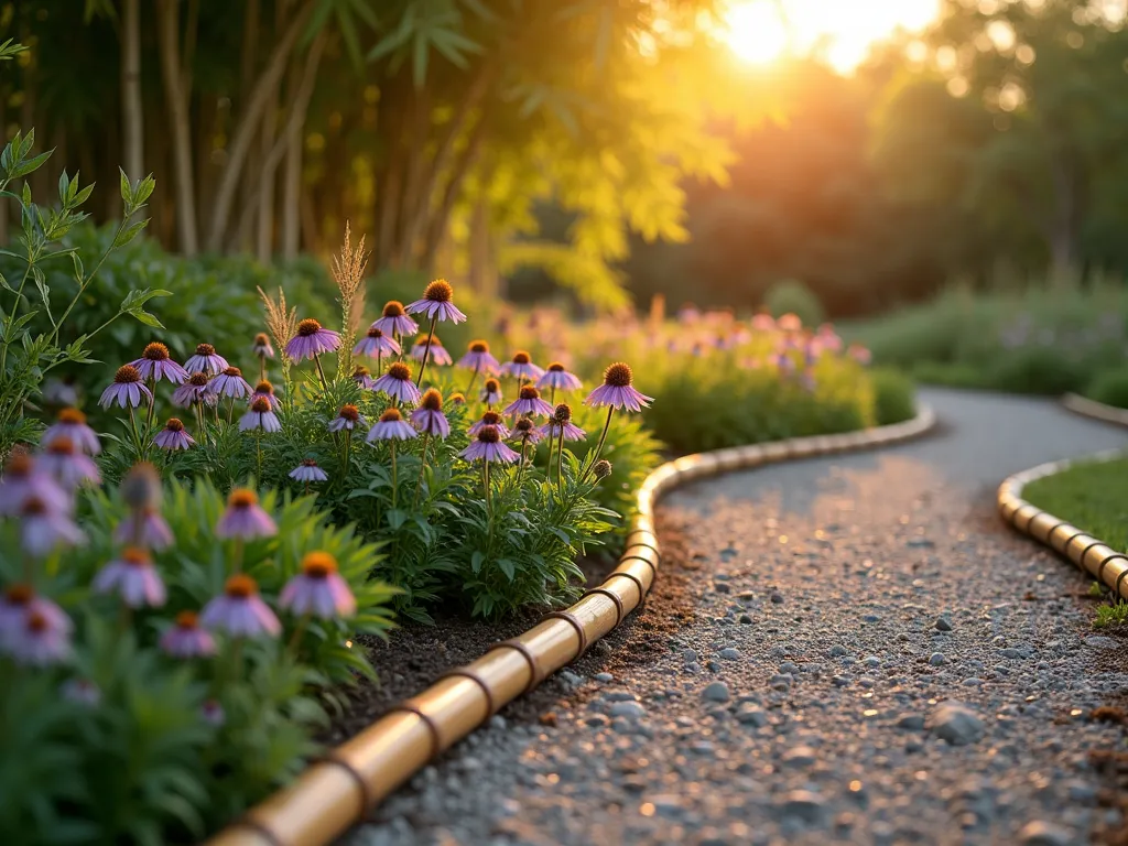 Natural Bamboo Roll Border at Sunset - A serene garden pathway at golden hour, bordered by an elegant natural bamboo roll edging. The bamboo poles, uniform in size and naturally finished, are meticulously tied together with copper-toned wire, creating a continuous flowing border. The edging separates a lush flower bed filled with purple coneflowers and ornamental grasses from a winding gravel path. Soft sunset light filters through bamboo leaves in the background, casting gentle shadows across the scene. The border stands approximately 12 inches tall, with warm honey-colored bamboo canes creating a clean, harmonious line that curves naturally with the garden's contours. Shot from a low angle to emphasize the organic flow of the design, with selective focus on the bamboo edging details. Photorealistic, 8k quality, architectural photography style.