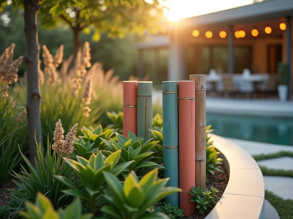 Vibrant Painted Bamboo Garden Border at Sunset - A close-up perspective of a stylish garden border made from painted bamboo poles in harmonious shades of teal, sage green, and soft coral. The bamboo poles are arranged at varying heights, creating a rhythmic pattern along a curved flower bed edge. The natural texture of the bamboo is enhanced by the paint, while still showing the characteristic nodes and grains. Golden evening sunlight filters through the poles, casting elongated shadows across a lush garden bed filled with ornamental grasses and flowering perennials. The background features a softly blurred contemporary garden landscape with modern outdoor furniture and string lights.