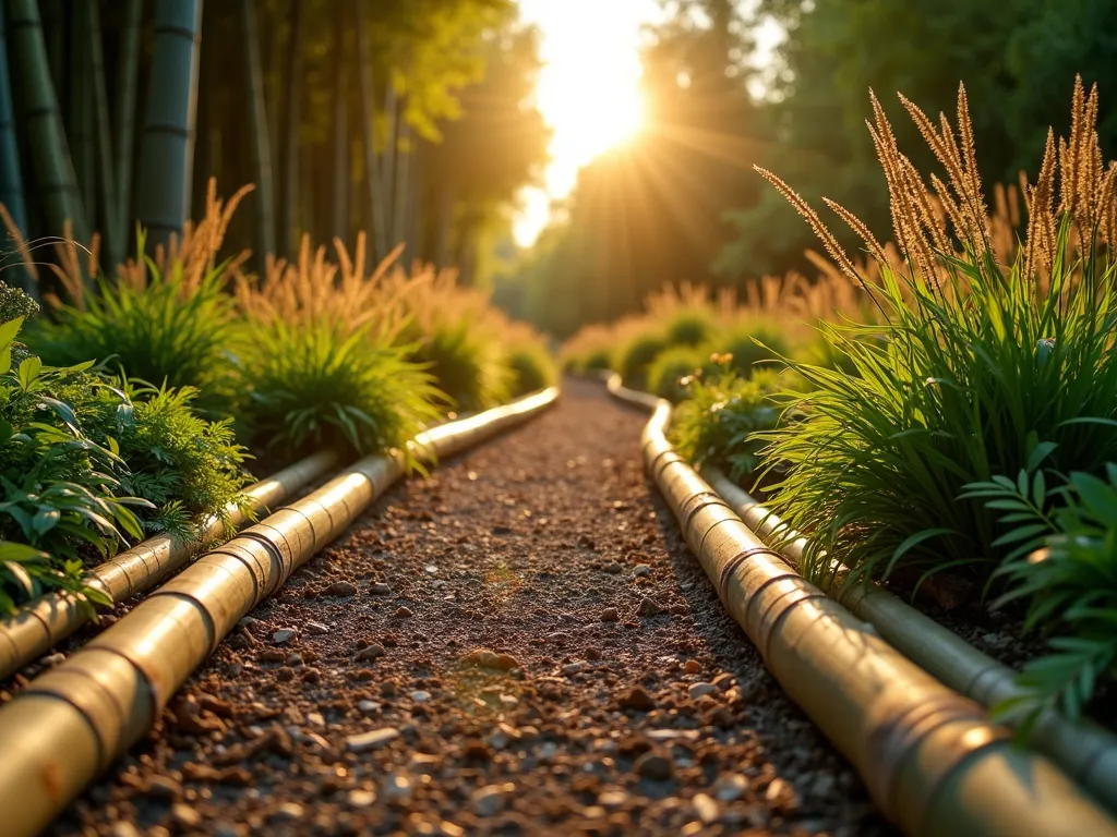 Rustic Bamboo Log Border at Sunset - A serene garden pathway at golden hour, bordered by naturally weathered bamboo logs of varying diameters (2-4 inches) laid horizontally as edging. The bamboo logs are artfully arranged in a slightly uneven pattern, creating a rustic woodland aesthetic. Japanese forest grass and native ferns spill over the bamboo edging, while ornamental grasses sway in the background. The warm sunset light filters through tall bamboo groves in the distance, casting long shadows across the mulched garden bed. Shot with a wide-angle lens at a low angle to emphasize the natural flow of the bamboo edging, with selective focus highlighting the organic textures of the bamboo bark. DSLR camera settings: f/8, ISO 100, 1/125