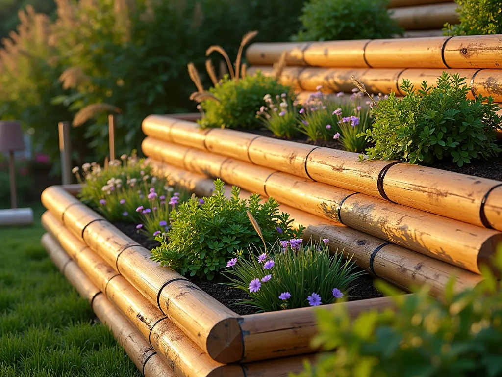 Rustic Bamboo Log Border in Terraced Garden - A professionally composed photograph of a terraced garden featuring thick horizontal bamboo log rolls as border edging, shot during golden hour. The bamboo logs, each 4-inches in diameter, are beautifully stacked to create a natural retaining wall, separating elevated garden beds filled with lush perennials. Warm sunlight casts gentle shadows across the bamboo's natural texture, highlighting its rich honey-brown tones. The composition captures both the structural integrity of the bamboo border and its organic integration with the landscape, shot from a 45-degree angle to showcase the terracing effect. Native grasses and flowering plants softly spill over the edges, creating a striking contrast against the geometric precision of the bamboo rolls. Photographed with pristine clarity, emphasizing the natural grain patterns and joints of the bamboo logs.