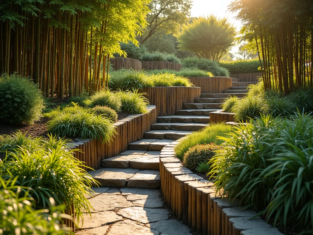 Terraced Bamboo Garden Edge at Sunset - A stunning terraced garden photographed at golden hour, featuring elegant bamboo edging creating multiple graceful levels on a gently sloping landscape. The bamboo poles, varying in height from 2-4 feet, are meticulously arranged in stepped formations, their golden-green culms catching the warm evening light. Various ornamental grasses and Japanese forest grass cascade over the bamboo edges, while small stone retaining walls peek through between the terraces. The scene is captured from a three-quarter angle using a wide-angle lens, showcasing the full scope of the terraced design while highlighting the natural erosion control properties of the installation. Dappled shadows play across the various levels, emphasizing the depth and dimensionality of the space. The overall composition presents a harmonious blend of architectural precision and natural garden elements.