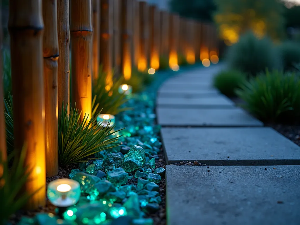 Twilight Bamboo and Glass Border - A close-up twilight garden scene featuring an elegant bamboo edging border made from polished dark bamboo poles arranged vertically at varying heights. Interspersed between the bamboo are chunks of recycled blue and green glass that catch the warm evening light, creating magical sparkles and reflections. The border follows a gently curved path, with ornamental grasses and Japanese forest grass softening its base. Small solar lights illuminate the glass elements from below, creating a mesmerizing interplay of light and shadow. Shot at golden hour with shallow depth of field, emphasizing the crystalline quality of the glass against the rich, natural texture of the bamboo.