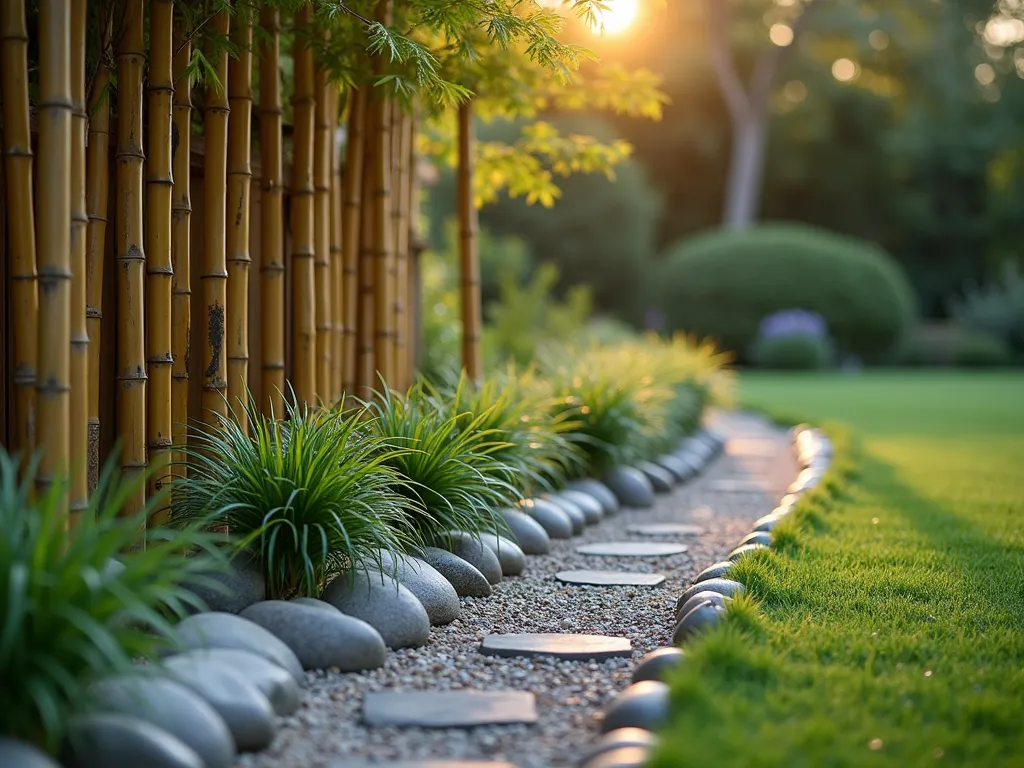 Zen Garden Bamboo and Stone Border - A tranquil garden scene at golden hour showing an elegant curved garden border made of vertical bamboo poles alternating with smooth river rocks. The bamboo poles, standing 2 feet tall, are evenly spaced and anchored in a bed of polished grey and white river stones. Japanese forest grass and dwarf mondo grass softly spill over the edging, creating a gentle contrast against the structured bamboo. Soft evening light casts long shadows across the design, highlighting the natural textures of both bamboo and stone. Shot from a low angle to emphasize the architectural elements, with a shallow depth of field focusing on the border detail while a Japanese maple provides a blurred backdrop.