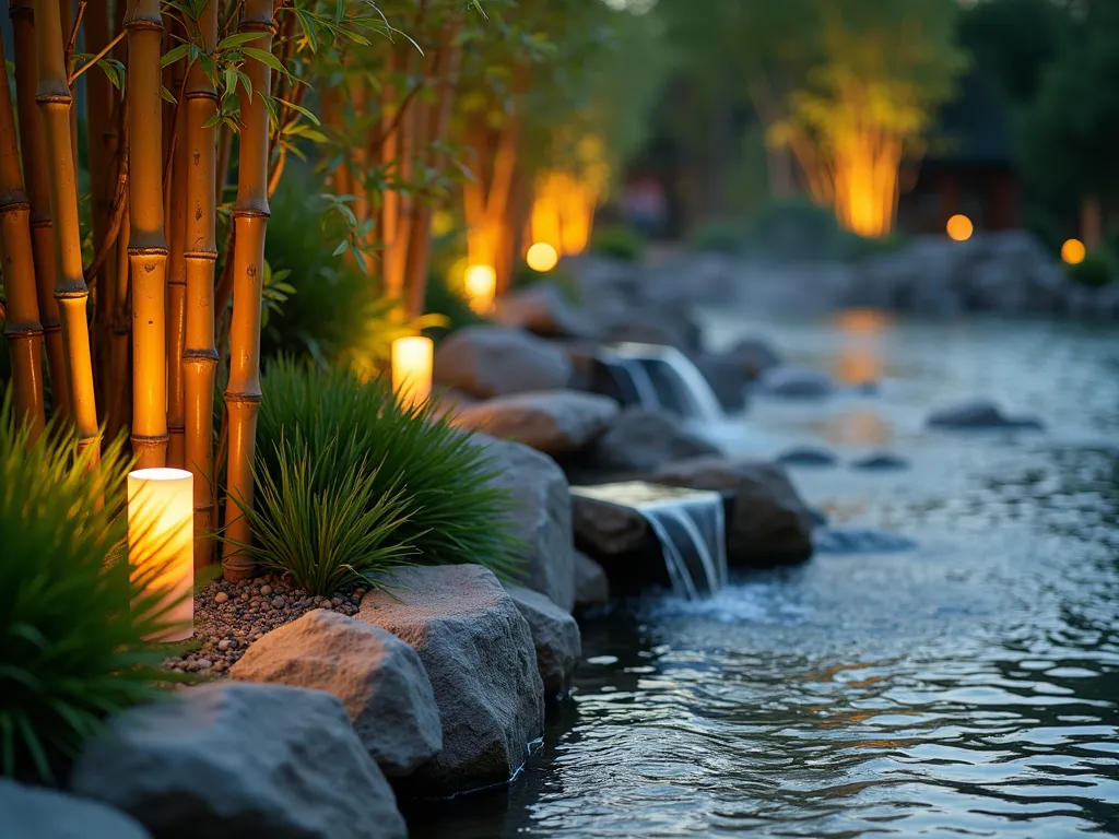 Zen Bamboo Water Edge Garden - Close-up twilight shot of a serene garden edge where polished bamboo poles create an elegant border alongside a gently flowing water feature. The bamboo poles, varying in heights from 2-3 feet, are arranged in a rhythmic pattern and anchored in decorative river rocks. Crystal-clear water cascades down small stone terraces, creating peaceful ripples that reflect the warm evening light. Japanese forest grass and dwarf mondo grass soften the base of the bamboo edging, while copper landscape lighting casts a warm glow on the bamboo poles and illuminates the flowing water. Mist rises gently from the water feature, creating an ethereal atmosphere.