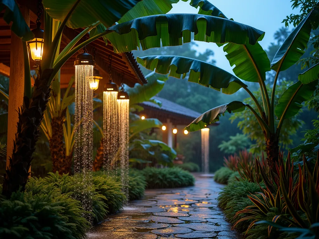 Banana Tree Rain Chain Garden Feature - A serene twilight garden scene featuring tall, lush Musa banana trees with large emerald leaves during a gentle rain. Ornate copper rain chains hang from the roof eaves, gracefully directing water cascades alongside the banana plants. The water droplets create mesmerizing patterns as they flow down the chains, catching the warm glow of hidden garden lights. The banana leaves glisten with raindrops, creating natural waterfalls that complement the rain chains. A stone pathway winds through the tropical setting, with exotic ferns and colorful ti plants at the base. The composition is photographed from a low angle, emphasizing the height of the banana trees and the vertical flow of water, creating a dreamy, tropical atmosphere.