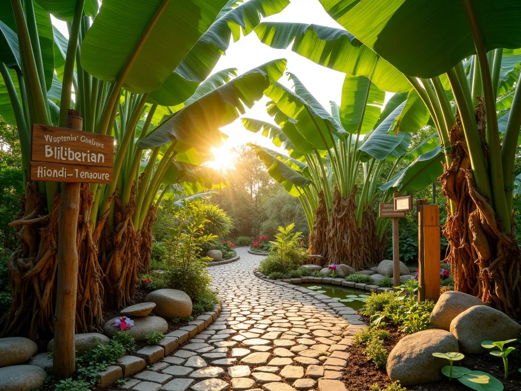 Enchanting Children's Banana Tree Discovery Garden - A magical children's garden featuring towering banana trees creating natural archways, photographed during golden hour. Wide-angle shot showcasing a winding cobblestone path leading through banana plants with large, backlit leaves. Educational wooden signs with tropical plant information mounted on rustic posts. Hidden reading nooks with colorful cushions tucked under banana leaf canopies. Interactive butterfly garden with native flowers adjacent to banana plants. Child-sized magnifying glass station for examining plant textures. Soft natural lighting filtering through banana leaves creates dappled shadows on the ground. String lights wrapped around tree trunks add whimsy. Small water feature with lily pads and educational plaques about aquatic ecosystems. Shot with DSLR camera, f/8 aperture capturing rich detail in both foreground elements and background foliage.