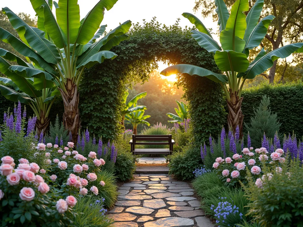 Cottage Garden with Tropical Twist - A charming cottage garden at golden hour, featuring a stunning blend of traditional and tropical elements. In the foreground, lush banana trees with large emerald leaves rise majestically among clusters of pastel English roses and purple delphiniums. A rustic wooden arch covered in climbing pink roses frames the scene, while cottage garden favorites like foxgloves and hollyhocks create layers of height and color. Natural stone pathways wind through the garden, bordered by lavender and catmint. The banana trees' dramatic foliage creates striking architectural elements against the soft, romantic cottage plantings, photographed in warm evening light that highlights the textural contrasts. A vintage-style garden bench sits nestled among the plantings, creating a peaceful retreat.