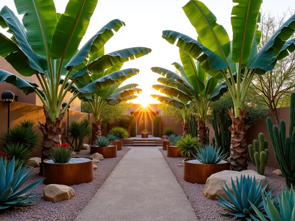 Desert Meets Tropical Paradise - A stunning wide-angle photograph of a modern backyard desert oasis at golden hour, featuring a dramatic grouping of tall Musa basjoo banana trees with large emerald leaves creating a lush centerpiece. The banana trees are surrounded by a thoughtfully designed array of desert plants including blue agave, barrel cacti, and golden barrel cacti. Contemporary cor-ten steel planters create distinct zones, while decomposed granite pathways wind through the space. Desert boulders and crushed stone provide natural texture, while strategic uplighting casts dramatic shadows. The warm sunset light filters through the banana leaves, creating a magical interplay between tropical and desert elements. Shot with a 16-35mm lens at f/2.8, ISO 400, capturing the rich textures and depth of the landscape.