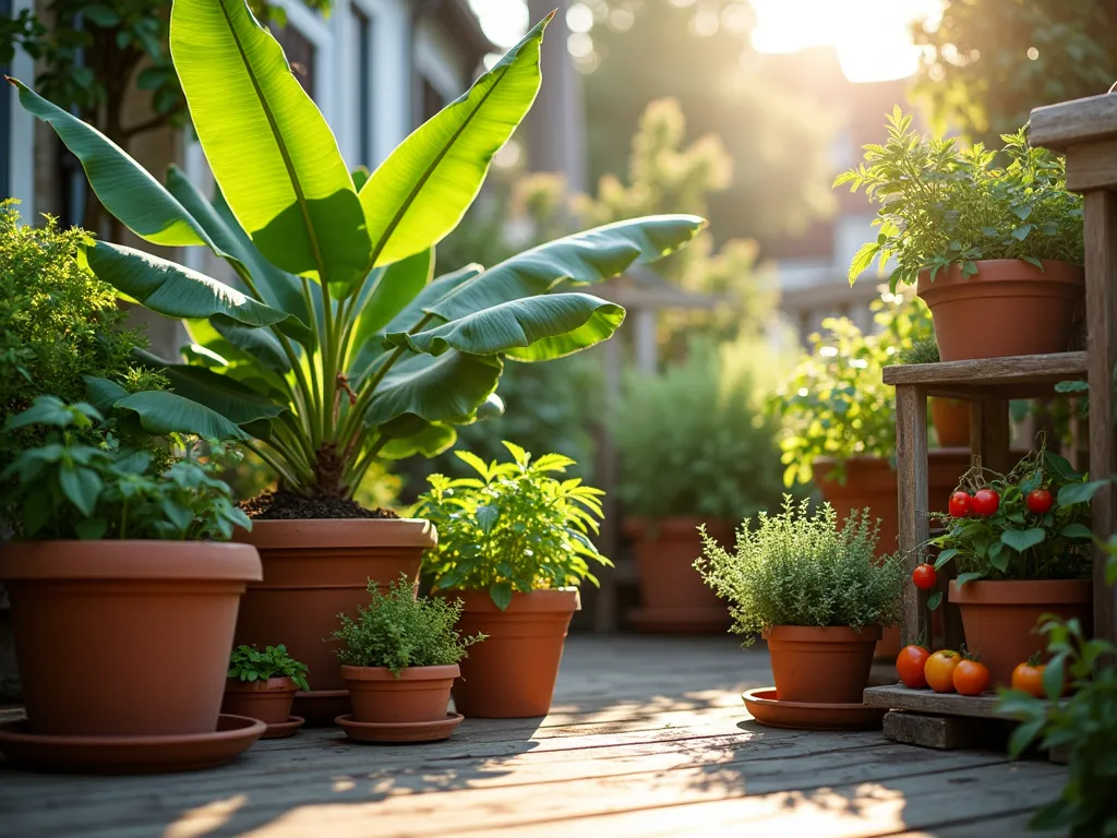 Edible Container Garden with Dwarf Banana - A sunlit urban patio featuring an elegant arrangement of container gardens, centered around a lush dwarf banana plant with broad emerald leaves. The banana is surrounded by a thoughtfully curated collection of terracotta and ceramic containers hosting fresh herbs like basil, thyme, and mint, alongside compact vegetable plants including cherry tomatoes and colorful bell peppers. The containers are arranged in a multi-level display using wooden stands, creating visual interest and depth. Soft morning light filters through the banana leaves, casting intricate shadows on the weathered wooden deck. The composition is captured from a 45-degree angle, showcasing the vertical gardening arrangement while highlighting the tropical-meets-practical aesthetic. Professional DSLR shot with natural lighting, deep depth of field, and crystal-clear detail capturing the various textures and colors.