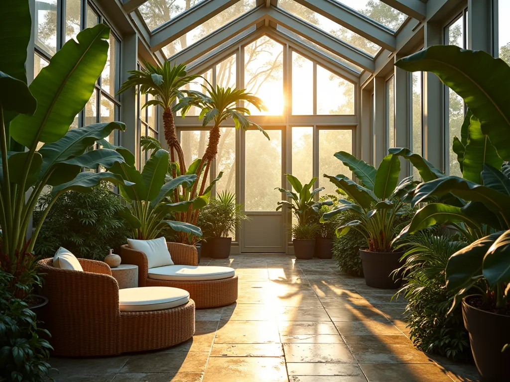 Luxurious Four-Season Banana Tree Conservatory - A stunning wide-angle DSLR photograph of a modern glass conservatory at golden hour, filled with towering Musa banana trees and tropical foliage. Warm sunlight streams through the glass panels, creating dramatic shadows on the natural stone flooring. The space features elegant rattan furniture, a bubbling stone fountain, and automated misting systems visible in the ambient light. Lush Strelitzia and various tropical understory plants create layers of greenery. Temperature and humidity monitoring displays are subtly integrated into the contemporary design. Professional architectural lighting illuminates the banana trees' dramatic leaves. Captured with a wide-angle lens at f/8, showcasing the perfect balance of interior and exterior light.