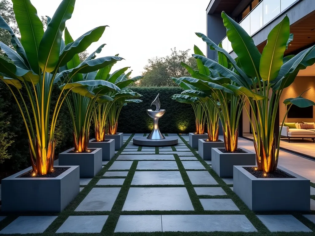 Contemporary Geometric Banana Tree Garden - A modern backyard garden design featuring tall banana trees strategically planted in large square concrete planters arranged in a perfect grid pattern. The planters are set against dark gray geometric pavers forming angular pathways. A sleek stainless steel abstract sculpture serves as a focal point. Clean lines and minimalist design elements create a striking contrast with the lush, broad leaves of the banana trees. Soft evening lighting illuminates the geometric patterns, casting dramatic shadows. Wide-angle view showcasing the structured layout with a contemporary glass-walled house visible in the background. The scene is enhanced by subtle uplighting on the banana trees, highlighting their architectural form. Hyperrealistic, architectural photography style, 8K resolution.