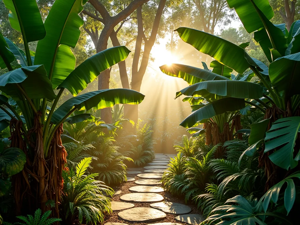 Layered Tropical Forest Garden - A stunning backyard garden scene at golden hour, shot with a wide-angle lens showing a dense, multi-layered tropical forest setting. Tall Musa basjoo banana trees create a dramatic 12-foot canopy, while smaller Ensete ventricosum and dwarf Pisang Raja banana varieties form the middle layer. The forest floor features lush understory plants including colorful bird's nest ferns, elephant ears, and variegated ginger. Dappled sunlight filters through the broad banana leaves, creating magical light patterns on the natural stone pathway winding through the mini-forest. The perspective captures the depth and dimension of the layered planting, with morning mist adding atmosphere between the plants. Shot with shallow depth of field at f/2.8, highlighting the textural details of the foliage.