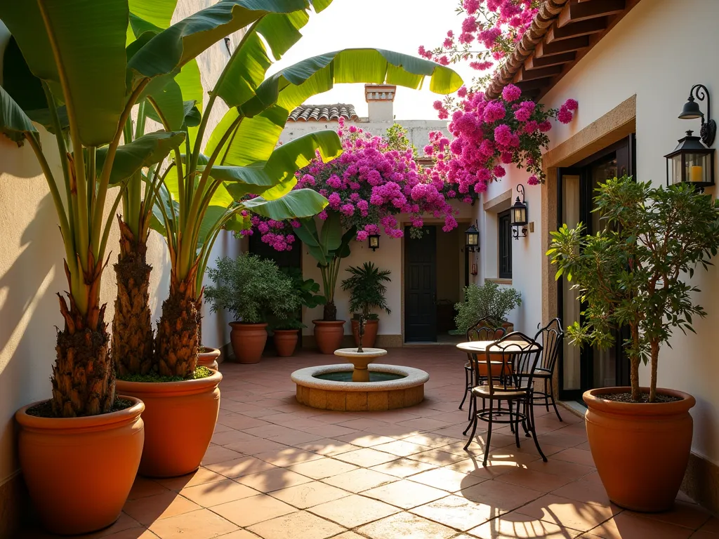 Mediterranean Courtyard with Banana Trees at Sunset - A golden-hour photograph of an intimate Mediterranean-style courtyard, captured with a wide-angle lens. Majestic banana trees in large, weathered terracotta pots frame the space, their broad leaves catching the warm evening light. White-washed walls are adorned with cascading magenta bougainvillea, while potted lemon trees add pops of citrus brightness. Terra cotta tiles create a warm foundation, with a small central fountain providing a focal point. Wrought iron furniture and Mediterranean pottery complete the scene, creating an authentic southern European ambiance. Shot at f/2.8 with natural sunset lighting casting long shadows and creating a dreamy atmosphere.