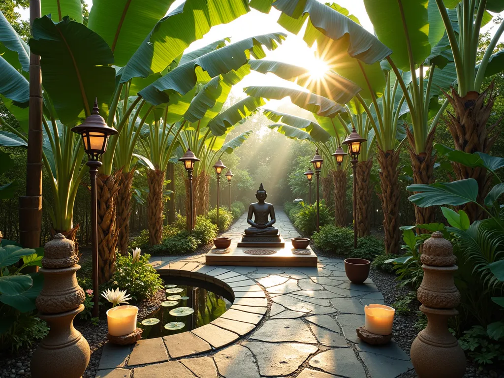 Zen Banana Tree Sacred Garden - A serene garden sanctuary at golden hour, photographed with a DSLR wide-angle lens (f/8, ISO 100). Tall, majestic banana trees create a natural canopy over a winding stone meditation path. Prayer flags in muted blues and whites flutter between bamboo poles. A small Buddha statue sits beneath the banana leaves, surrounded by sacred lotus flowers in a reflecting pool. Traditional Thai spirit houses decorated with fresh flowers rest at key points. Natural stone lanterns illuminate the path while Tibetan singing bowls rest on carved wooden pedestals. Japanese maples and peace lilies add layers of spiritual significance. The filtered sunlight creates dancing shadows through the large banana leaves, casting a mystical atmosphere over the sacred space. A wooden meditation deck with traditional mandala patterns provides a focal point for reflection.