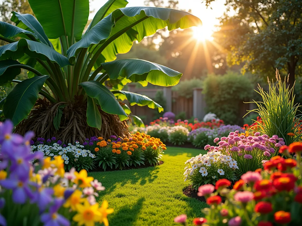 Four-Season Banana Tree Garden Display - A stunning backyard garden scene at golden hour featuring a mature banana tree as the centerpiece, surrounded by concentric circles of seasonal blooms. The banana tree's large emerald leaves cascade dramatically, while purple iris, yellow daffodils, and red tulips create a vibrant spring display in the foreground. Pink and white cosmos, purple salvias, and orange zinnias represent summer florals in the middle ground. The outer ring showcases autumn-blooming chrysanthemums in burgundy and gold, alongside ornamental grasses catching the warm evening light. The scene is captured from a low angle with a wide-angle lens, creating depth and drama. Natural bokeh effect in background with dappled sunlight filtering through the banana leaves. Professional DSLR shot at f/8, ISO 100, 1/125 sec, emphasizing the rich textures and color transitions.