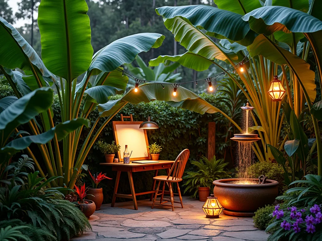 Tropical Artist's Garden Retreat - A serene garden workspace at dusk featuring a vintage wooden easel and writing desk nestled beneath towering Musa basjoo banana trees, their large emerald leaves creating natural canopy. A weathered copper fountain trickles nearby, surrounded by colorful bird of paradise flowers and red heliconia. Warm ambient lighting from copper lanterns illuminates the creative corner, casting dramatic shadows through the banana leaves. The space is set on a circular terrace of natural stone pavers, with scattered art supplies and botanical sketches adding an authentic artistic touch. Lush tropical ferns and purple orchids accent the ground level, while string lights weave through the banana tree canopy, creating a magical atmosphere perfect for creative inspiration. Shot from a 45-degree angle to capture both the intimate workspace and the vertical grandeur of the banana trees.