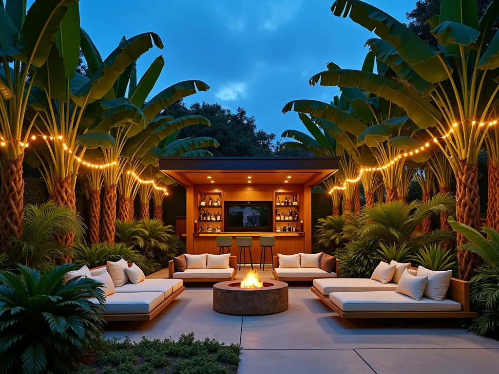 Luxurious Tropical Backyard Entertainment Oasis - A stunning twilight photograph of a luxurious backyard entertainment area, shot with a wide-angle DSLR lens at f/8. Tall, lush banana trees (Musa acuminata) create natural privacy screens around a modernist covered patio. Warm LED string lights weave through the banana leaves, casting dramatic shadows. A sleek teak wood bar with ambient under-lighting anchors one side, while plush resort-style lounge furniture in cream and sage green creates intimate seating areas. Tropical philodendrons and bird of paradise plants fill the understory. The scene is captured during blue hour, with subtle landscape lighting illuminating the banana trees' dramatic foliage from below. A fire pit casts a warm glow in the center of the space, reflecting off the polished concrete flooring. The composition shows depth through careful lighting and plant layering, creating an intimate tropical paradise perfect for entertainment.