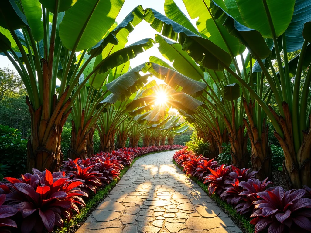 Magical Banana Tree Garden Path - A wide-angle photograph of a winding garden pathway lined with majestic banana trees, shot during golden hour. Towering Musa basjoo banana plants create natural green archways overhead, their massive leaves casting intricate shadow patterns on the natural stone path below. Vibrant red and purple coleus and elephant ear caladiums form lush borders at ground level, creating a stunning multi-layered tropical effect. Dappled sunlight filters through the banana leaves, creating a magical interplay of light and shadow. The perspective draws the viewer through the curved pathway, with the warm evening light creating a ethereal glow through the banana tree canopy. Shot with a digital camera, 16-35mm lens at f/2.8, ISO 400, capturing the rich textures and depth of this tropical garden paradise.