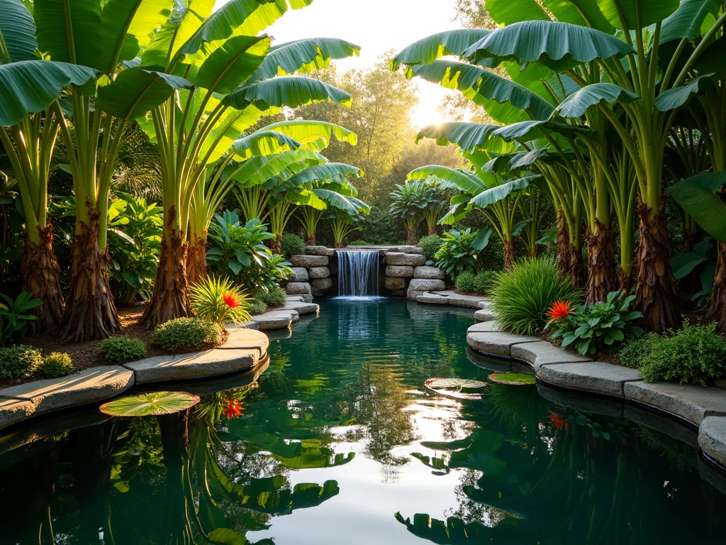 Tranquil Banana Tree Water Garden - A stunning wide-angle DSLR photograph of a lush tropical water garden at golden hour, featuring tall, graceful banana trees (Musa acuminata) with broad emerald leaves surrounding a natural-looking koi pond. The water's surface perfectly mirrors the banana plants' dramatic foliage, creating a mesmerizing symmetrical reflection. A small stone waterfall cascades gently in the background, surrounded by tropical water lilies, taro plants, and bird of paradise flowers. Ambient lighting filters through the banana leaves, casting dappled shadows on the water's surface. The composition captures the depth and layering of the tropical garden, with the pond in the foreground and the waterfall feature visible in the middle ground, all photographed at f/8 for optimal depth of field, showcasing the rich textures and natural details of this backyard paradise. Shot at ISO 100 for maximum clarity and 1/125 second to perfectly capture the water's movement.