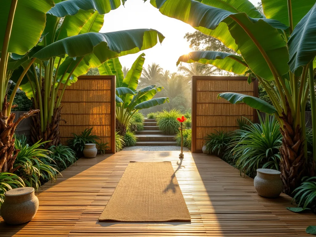 Zen Banana Tree Exercise Haven - A serene outdoor yoga space at dawn, photographed with a DSLR wide-angle lens. Natural bamboo decking surrounded by towering Musa basjoo banana trees creating a lush green canopy. A peaceful meditation area features a natural jute yoga mat, bamboo screen dividers, and ornamental grasses swaying in the morning breeze. Soft golden sunlight filters through the large banana leaves, casting gentle shadows on the deck. Tropical hibiscus and bird of paradise flowers add vibrant pops of color. Stone lanterns and small water features create a tranquil atmosphere. The composition captures the harmonious blend of structured exercise space and wild tropical garden elements, f/8, ISO 100, 1/125 sec.