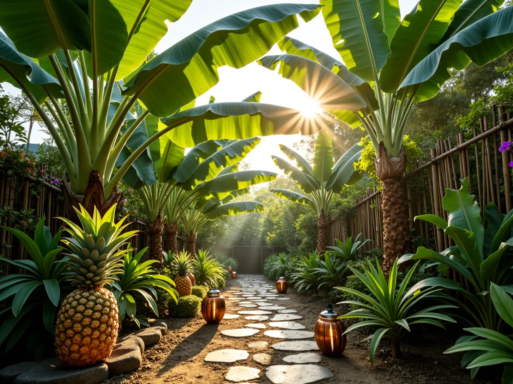 Lush Tropical Food Forest Paradise - A late afternoon sunlit backyard garden featuring towering banana trees with large, vibrant green leaves casting dappled shadows, surrounded by a diverse layered food forest. In the foreground, thriving pineapple plants with spiky foliage grow beneath the canopy, while climbing passion fruit vines with purple flowers weave through bamboo trellises. Mid-ground shows papaya trees heavy with ripening fruit, interspersed with cardamom and turmeric plants. Natural stone pathways wind through the garden, with decorative copper solar lanterns. Captured with a wide-angle lens creating depth, with golden hour sunlight filtering through the banana leaves, creating a magical tropical atmosphere. Photorealistic, high detail, shot at f/2.8 with subtle depth of field.