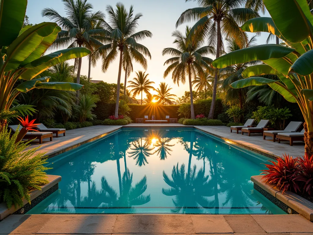 Luxurious Poolside Banana Tree Paradise - A stunning wide-angle DSLR photograph of a luxury swimming pool at golden hour, surrounded by lush banana trees, towering palm trees, and vibrant bird of paradise plants. The pool's crystal-clear water perfectly mirrors the tropical foliage above, creating a mesmerizing double image effect. Dramatic shadows cast by the setting sun dance across the water's surface, while string lights delicately draped between trees add a magical ambiance. Natural stone pavers frame the pool, with tropical ferns and colorful bromeliads filling the gaps. The composition captures multiple layers of height, from ground cover to the soaring palm canopy, shot at f/8 for perfect depth of field, showcasing the ultimate backyard tropical retreat.