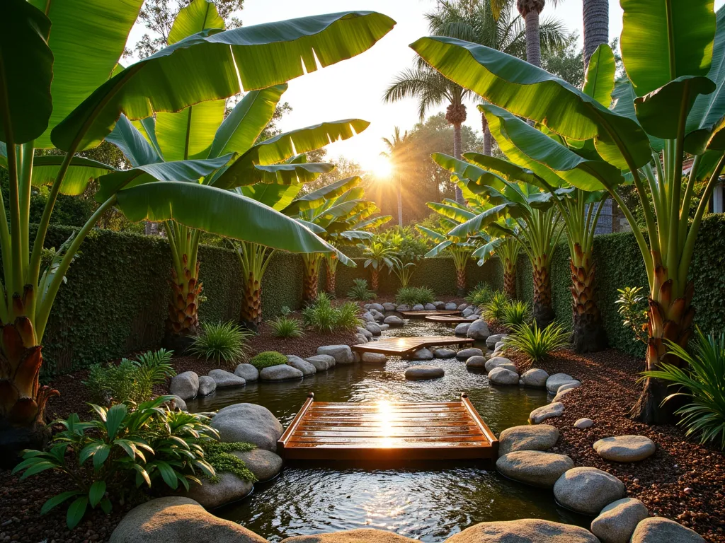 Lush Tropical Rain Garden with Banana Trees - A wide-angle shot of a serene backyard rain garden at golden hour, featuring majestic banana trees with large, glossy leaves catching the warm light. The garden is thoughtfully designed with gentle slopes and natural stone borders, creating peaceful water collection areas. Moisture-loving plants like elephant ears, canna lilies, and bird of paradise surround the banana trees, while a wooden boardwalk winds through the space. Water droplets glisten on the broad banana leaves, naturally channeling into the garden below. The scene is enhanced by natural rock formations and decorative river stones, creating a harmonious tropical paradise with practical water management.