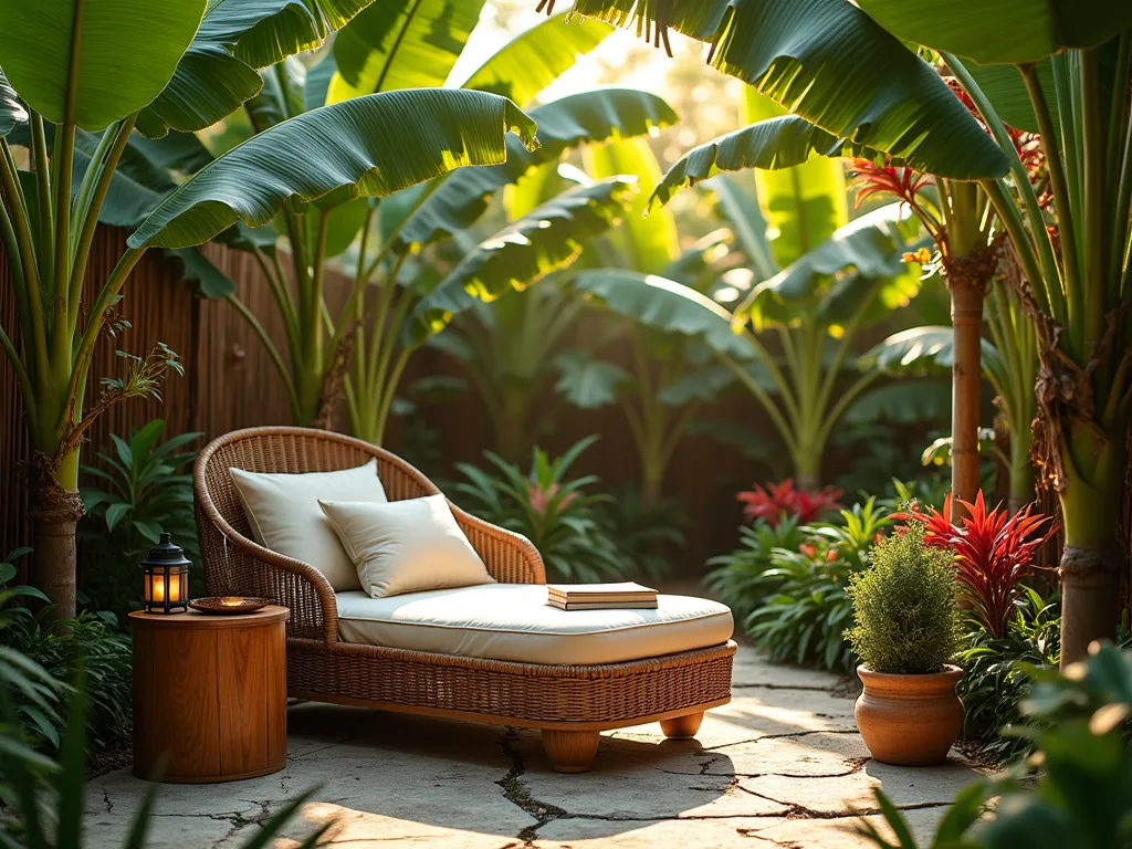 Tropical Reading Nook Paradise - Professional DSLR wide-angle photograph of a serene garden reading nook at golden hour, nestled within a lush cluster of towering banana trees. A plush, weatherproof rattan lounger with cream cushions sits on a natural stone platform, accompanied by a vintage teak side table holding books. Overhead, banana leaves create a natural canopy, filtering warm sunlight. A small copper bowl fountain provides gentle water sounds, while solar-powered lanterns hang from bamboo poles. Exotic birds of paradise and red gingers add splashes of color. The scene is captured at f/8 with natural lighting emphasizing the tropical atmosphere, creating an intimate and cozy outdoor reading retreat.