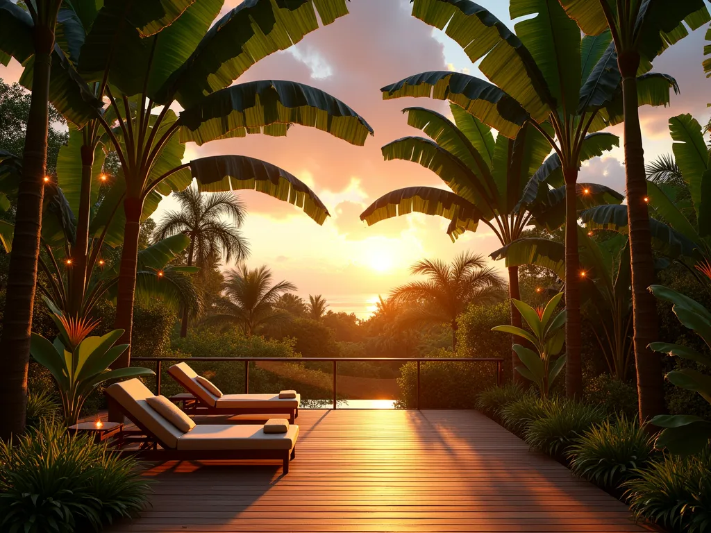 Tropical Sunset Viewing Garden with Banana Trees - A wide-angle, cinematic photograph of a luxurious backyard garden at golden hour, featuring tall Musa banana trees with large dramatic leaves framing a modern wooden viewing deck. The elevated platform features contemporary lounge chairs and floor cushions in warm earth tones. The setting sun casts golden light through the banana leaves, creating dramatic shadows on the deck. String lights interweave through the tropical foliage, and smaller tropical plants like bird of paradise and cordyline add layers of lush greenery. The scene captures a serene moment with the sky painted in vibrant oranges and purples behind the silhouetted banana leaves.