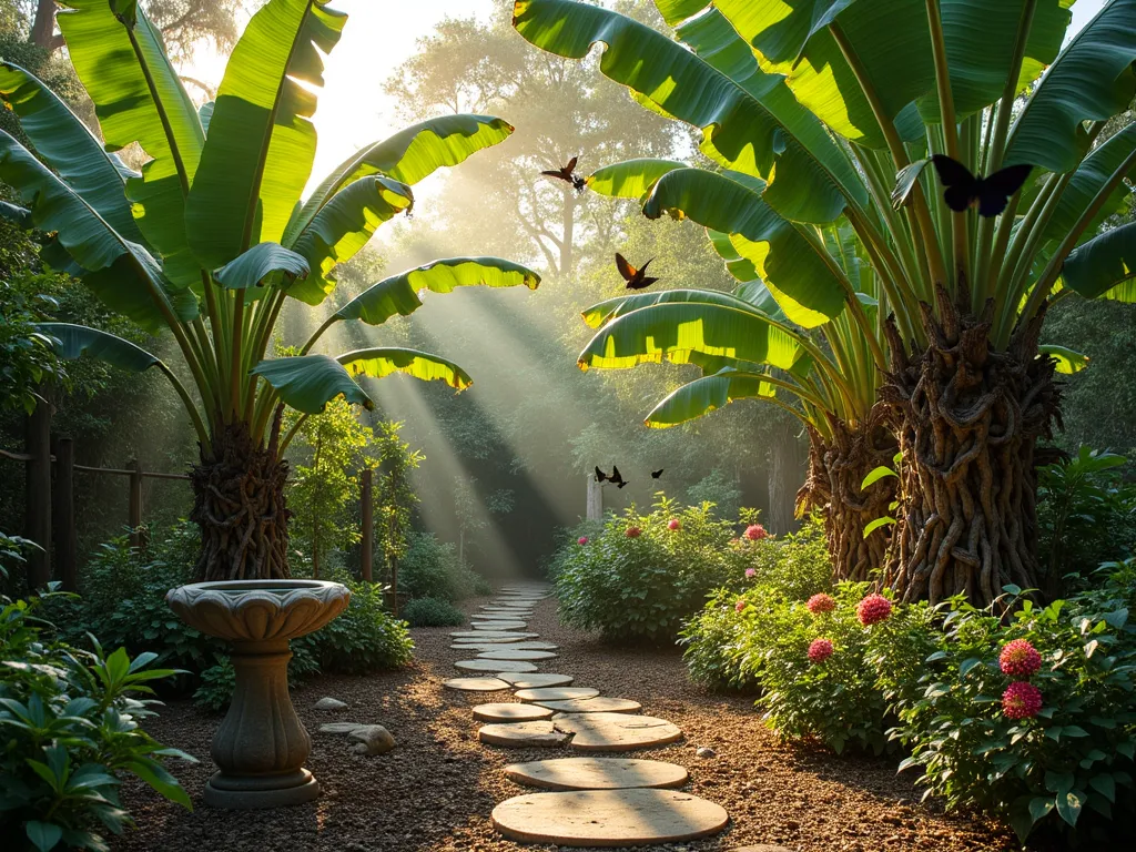 Tropical Wildlife Sanctuary with Banana Trees - A lush garden sanctuary at golden hour, featuring towering Musa banana trees with broad, backlit leaves creating dappled shadows. In the foreground, colorful butterflies hover over flowering lantana and butterfly bush. A stone birdbath nestled among the foliage attracts small birds, while native hummingbirds sip nectar from red trumpet honeysuckle vines climbing up a rustic trellis. Natural rock formations and fallen logs provide shelter for beneficial insects. The scene is captured with a wide-angle perspective, showing the depth of the layered tropical paradise, with soft evening light filtering through the banana leaves creating a magical atmosphere. Shot with professional DSLR camera settings: f/8, ISO 100, 1/125 sec.