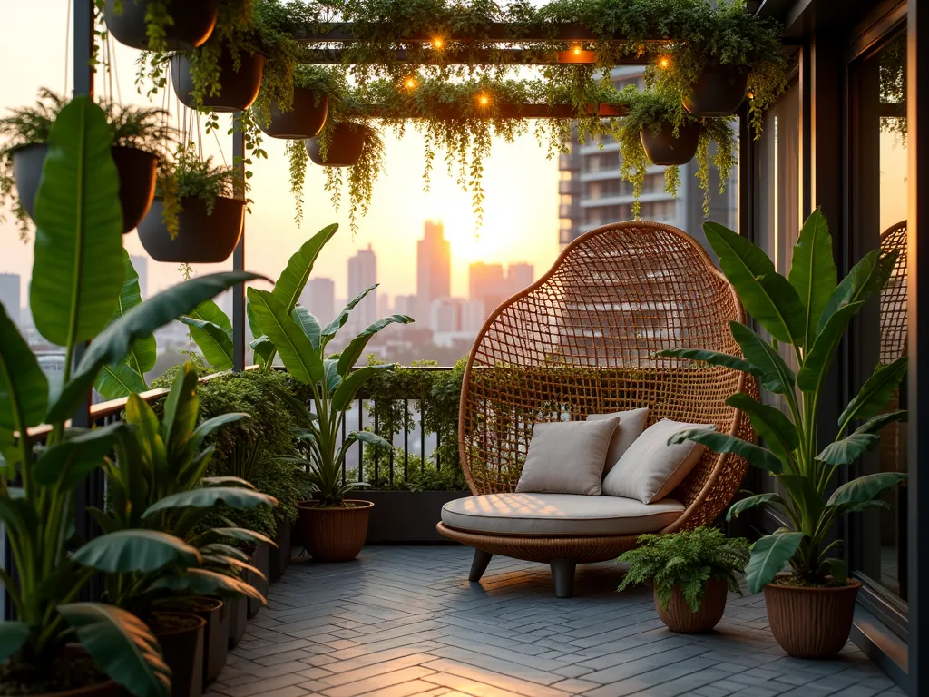 Urban Balcony Tropical Paradise - A cozy urban balcony at golden hour, shot with a wide-angle lens showcasing a lush vertical garden dominated by emerald dwarf banana plants (Musa acuminata). Multiple levels of hanging planters cascade down modern metallic rails, filled with tropical foliage. A intimate seating nook features a rattan peacock chair with plush cushions, surrounded by potted banana trees reaching towards the sky. String lights weave through the canopy, creating a warm ambiance. The balcony floor features geometric tiles and the cityscape serves as a dramatic backdrop, photographed with professional DSLR settings at f/8, ISO 100, 1/125 sec, capturing the perfect balance between natural light and urban elements.