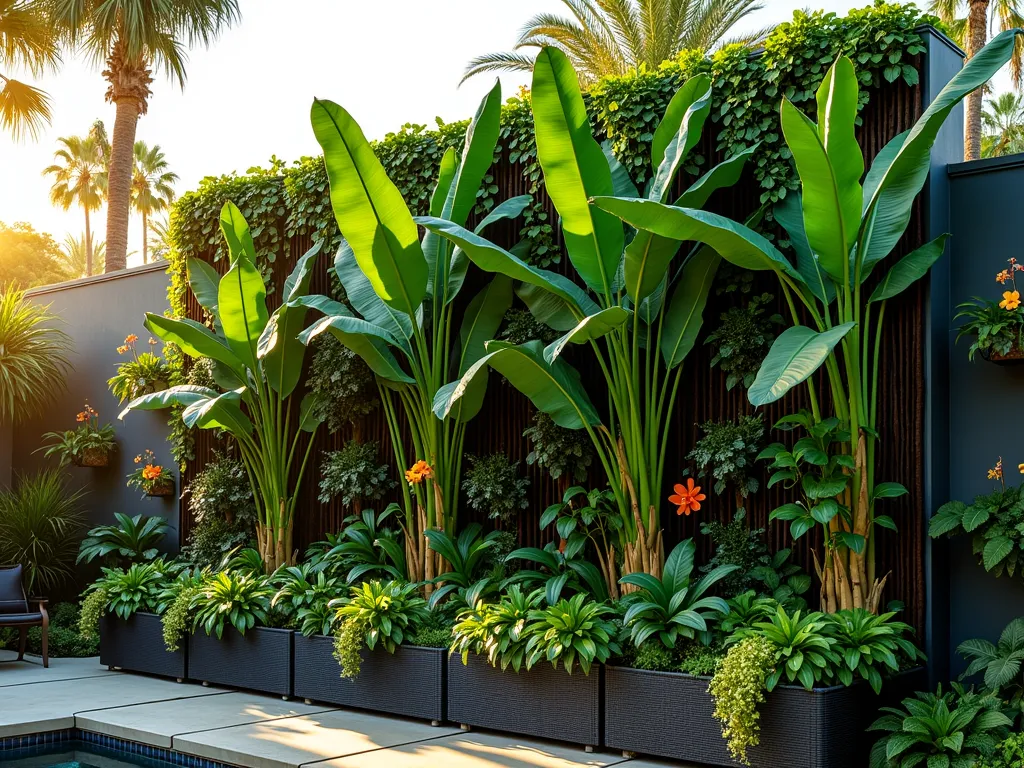 Lush Vertical Tropical Garden Wall - A stunning vertical garden wall in a modern backyard, featuring tall banana plants (Musa) with large emerald leaves cascading down, interwoven with vibrant philodendrons and trailing pothos. The living wall spans 12 feet high, photographed during golden hour with sunlight filtering through the foliage. Various mounted orchids and bromeliads add pops of color at different heights. The textured wall includes different depths and layers, with some plants extending outward creating a natural, jungle-like aesthetic. A sophisticated irrigation system is partially visible, and small spotlights are strategically placed to create evening ambiance. Shot from a slight upward angle to emphasize the height and grandeur of the installation, with shallow depth of field highlighting the intricate plant details. Photographed with professional DSLR camera, f/8 aperture, ISO 100, natural lighting, 1/125 shutter speed.