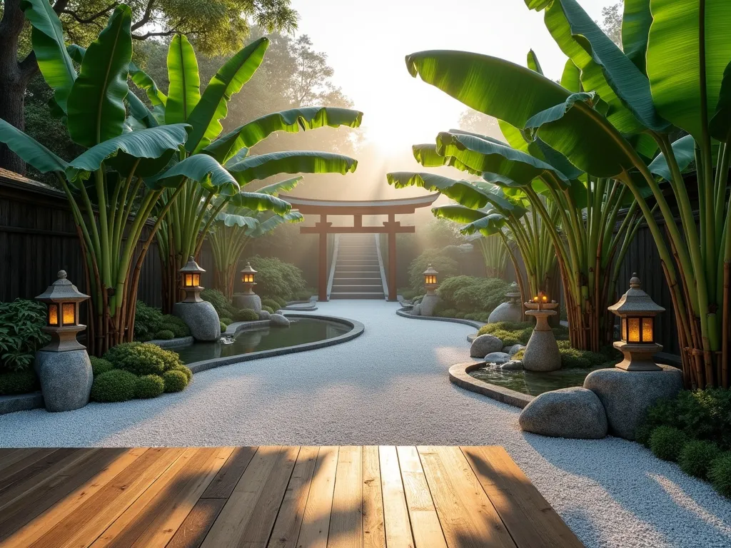 Zen Garden with Banana Trees at Dawn - A serene Japanese-inspired garden at dawn, photographed with a wide-angle lens. Majestic Musa banana trees with broad leaves create dramatic shadows across meticulously raked white gravel paths. Traditional stone lanterns emit a soft glow, while a bamboo water feature creates gentle ripples in a small pond. The composition shows a harmonious blend of tropical and Japanese elements, with carefully placed granite boulders and dwarf bamboo providing textural contrast. Morning mist adds ethereal atmosphere, while the first rays of sunlight filter through the banana leaves, creating intricate shadow patterns on the gravel. A wooden meditation deck in the foreground anchors the scene, with a traditional torii gate visible in the background.