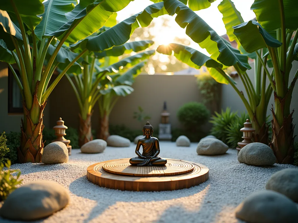 Zen Garden Banana Tree Meditation Sanctuary - A serene backyard meditation space at golden hour, photographed with a wide-angle lens showing a peaceful sanctuary surrounded by lush banana trees with large, emerald leaves. A circular zen garden features carefully raked white gravel patterns around smooth river rocks. In the center, a comfortable low-profile bamboo meditation cushion sits on a raised wooden platform. A small bronze Buddha statue rests beneath the arching banana leaves, with soft sunlight filtering through the foliage creating dappled shadows. Stone lanterns provide subtle lighting, and a small trickling water feature adds to the tranquil atmosphere. The banana trees create a natural green canopy, their leaves gently swaying in the breeze. Shot at f/2.8 with beautiful bokeh effect on the background foliage, capturing the warm evening light.