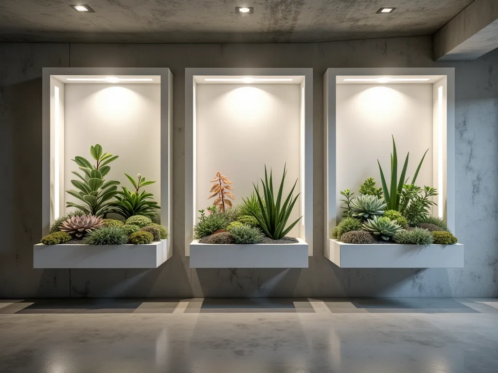 Modern Succulent Light Box Display - Photorealistic interior of a sleek modern basement featuring three minimalist white floating display boxes mounted on a concrete wall, each containing a meticulously arranged collection of colorful succulents. LED strip lighting creates a soft, ethereal glow around each frame, illuminating the plants from behind. The succulents include echeveria, haworthia, and jade plants in various sizes and colors, creating a living art installation. The lighting casts gentle shadows and highlights the geometric patterns of the succulents. High-end architectural photography style with dramatic lighting.