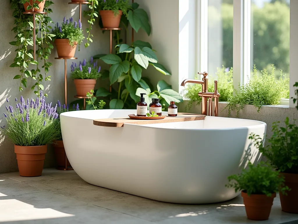 Serene Garden Tub Aromatherapy Haven - A luxurious white freestanding bathtub nestled in a sunlit bathroom corner, surrounded by a stunning indoor-outdoor herb garden arrangement. Cascading planters of fresh lavender, mint, and eucalyptus create a natural green wall effect beside the tub. Soft morning light streams through a large window, casting gentle shadows on the natural stone flooring. Modern copper plant stands of varying heights display aromatic herbs in terracotta pots, while climbing vines add vertical interest. A rustic wooden bath caddy spans the tub, holding essential oils and fresh-cut herbs. The scene captures a spa-like atmosphere with a perfect blend of modern luxury and natural elements, photographed in an intimate medium shot that emphasizes the harmonious connection between the bath space and therapeutic garden elements.