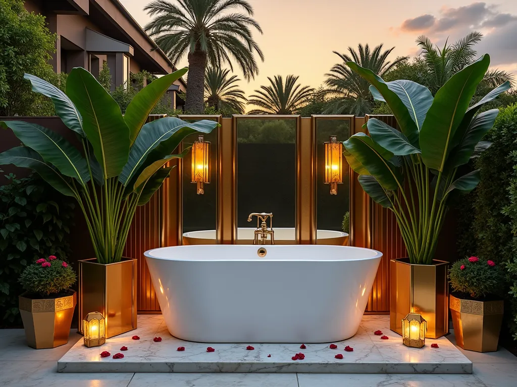 Art Deco Garden Tub Sanctuary - A twilight photograph of a luxurious outdoor garden tub area, captured with a 16-35mm lens at f/2.8, ISO 400. The scene features an elegant freestanding white bathtub on a raised marble platform, surrounded by stunning geometric brass plant stands of varying heights. Dramatic Monstera deliciosa and Bird of Paradise plants with their bold leaves cascade from the stands, creating dynamic shadows in the warm evening light. Tall antiqued mirror panels reflect the greenery and the golden sunset sky, while brass art deco sconces emit a soft ambient glow. The space is accented with hexagonal brass side tables and metallic planters, creating a harmonious blend of 1920s glamour and tropical luxury. Crystal-clear water in the tub reflects the surrounding elegance, with rose petals floating on the surface.