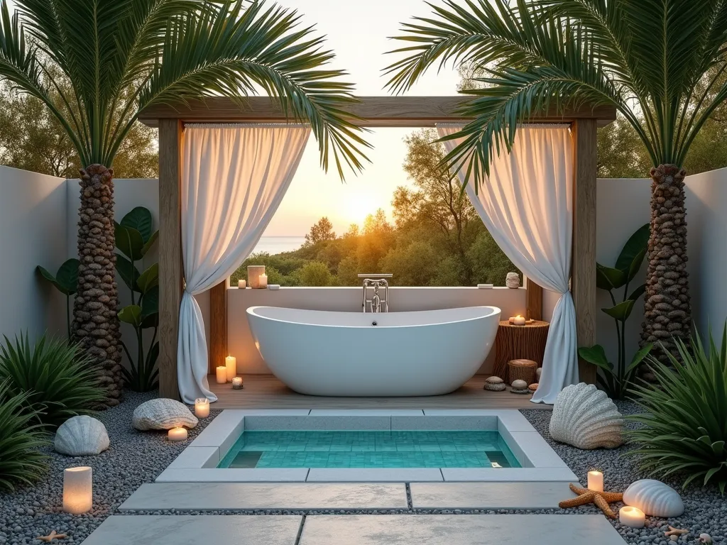 Coastal Garden Bath Sanctuary - A luxurious outdoor garden bathroom space at dusk, featuring a freestanding white soaking tub nestled within a private deck surrounded by elegant palm trees and snake plants. The space is adorned with large seashells, weathered driftwood accents, and sea glass-colored mosaic tiles. Soft blue-green outdoor lighting creates a ethereal spa-like atmosphere, while sheer white curtains gently billow in the ocean breeze. Natural stone pavers lead to the tub area, with scattered coastal pebbles and sea stars adding authentic beach charm. The wide-angle perspective captures the entire serene setting with the warm golden light of sunset filtering through the palm fronds.