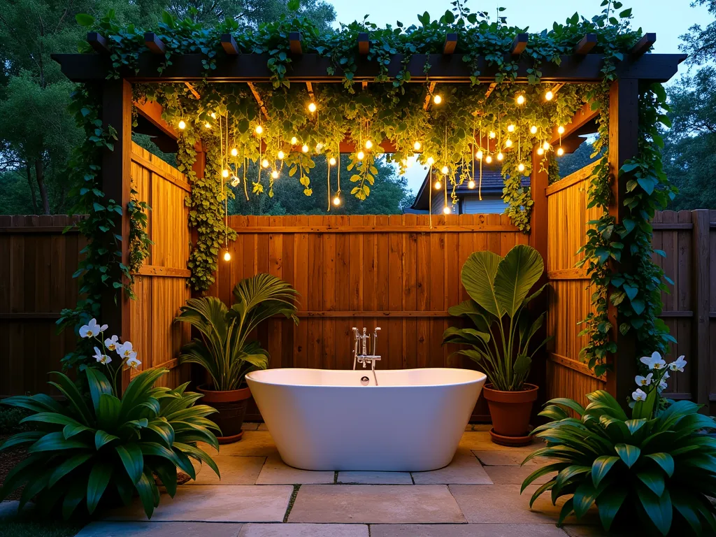 Enchanted Vine Canopy Garden Tub - A serene outdoor garden tub setting at twilight, photographed at f/2.8 with a 16-35mm wide-angle lens. A dramatic wooden pergola frames an elegant freestanding white bathtub, completely draped with lush hanging pothos and philodendron vines. Twinkling warm LED string lights are artfully woven through the vines, creating a magical ethereal glow. The surrounding space features natural stone flooring and is enclosed by tropical bamboo screens for privacy. Soft mood lighting illuminates the scene while scattered orchids and air plants accent the vine canopy. Captured during blue hour with bokeh effects from the hanging lights creating a dreamy atmosphere.