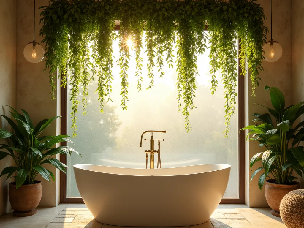 Luxurious Garden Tub with Cascading Plants - A serene and luxurious bathroom interior at golden hour, featuring a large freestanding garden tub beneath an elegant arrangement of cascading plants. Multiple delicate brass ceiling hooks support lush, trailing pothos with emerald and variegated leaves, wispy string of pearls creating natural curtains, and graceful Boston ferns. Soft, warm sunlight filters through a frosted window, casting dappled shadows through the hanging foliage onto the white porcelain tub. The surrounding space features natural stone tiles and warm wood accents, creating a spa-like atmosphere where nature meets luxury. Captured in a wide-angle perspective to showcase the full dramatic effect of the hanging plant cascade.