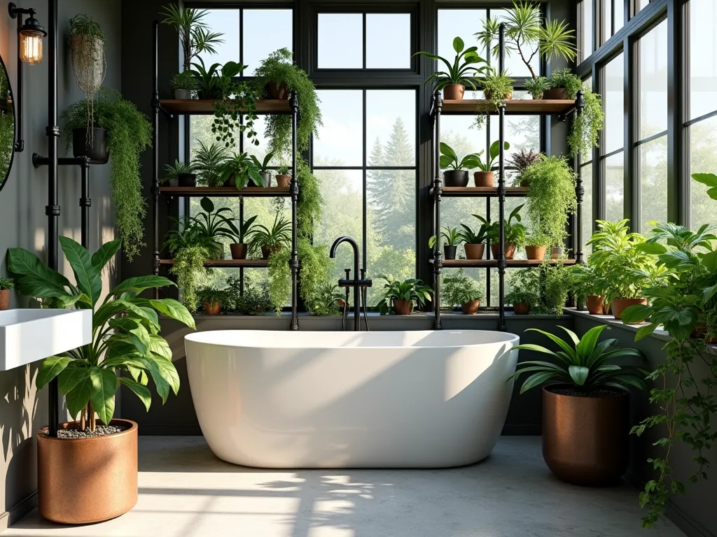 Industrial Greenhouse Garden Bathroom - A sleek modern bathroom bathed in natural light, featuring a freestanding white soaking tub surrounded by industrial-style black metal pipe shelving with glass panels, creating a greenhouse effect. Multiple tiers of shelving showcase a lush collection of hanging pothos, delicate ferns, and cascading orchids. Sunlight streams through large windows, casting dramatic shadows through the metal framework. The metal and glass structure extends from floor to ceiling, with trailing plants creating a waterfall effect. Matte black fixtures complement the industrial aesthetic, while the verdant plants soften the space. A mix of copper and concrete planters add textural contrast.