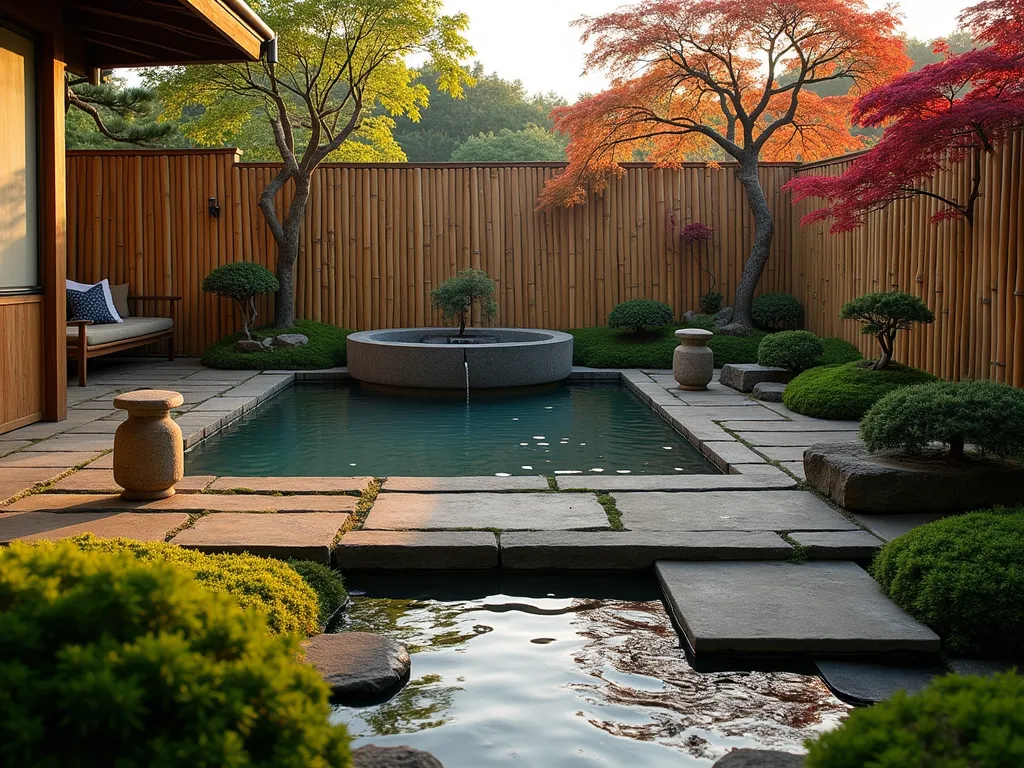 Zen Garden Bathroom Oasis - A serene outdoor Japanese soaking tub surrounded by traditional bamboo screens and meticulously maintained bonsai trees, photographed during golden hour. The wide-angle shot captures a peaceful garden setting with a natural stone pathway leading to the tub. A small stone water fountain creates gentle ripples, while patches of lush moss gardens add vibrant green textures. Soft evening light filters through the bamboo screens, casting intricate shadows across the weathered wooden deck. Traditional stone lanterns provide ambient lighting, and miniature Japanese maples add splashes of deep red foliage. Photographed with a 16-35mm lens at f/2.8, ISO 400, capturing the rich details and atmospheric lighting of this tranquil outdoor bathing sanctuary.