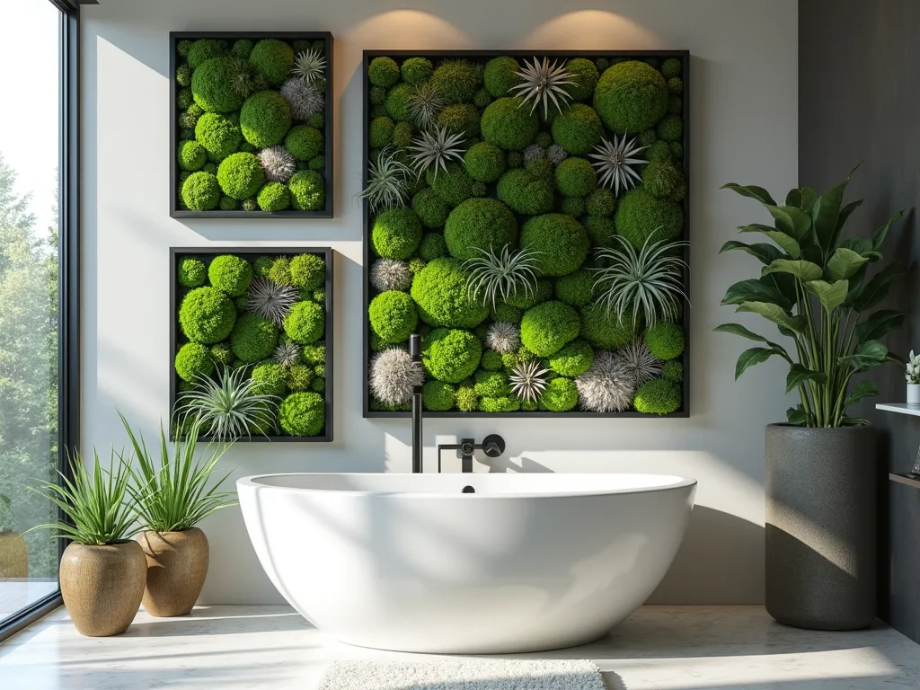 Living Moss Art Frame Garden Tub - A luxurious modern bathroom featuring an elegant freestanding white tub surrounded by artistically arranged preserved moss and air plant picture frames. The frames showcase varying sizes of lush green preserved moss gardens interspersed with delicate Tillandsia air plants, creating a stunning living wall effect. Natural light streams through a large window, casting gentle shadows across the textured moss surfaces. The frames feature modern black borders that contrast beautifully with the organic elements, photographed in soft morning light with a shallow depth of field highlighting the intricate details of the moss and air plants. A gentle mist surrounds the scene, creating an enchanted garden atmosphere indoors.