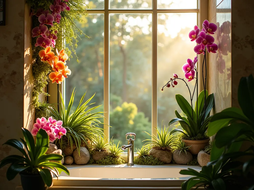 Luxury Bathroom Window Garden Oasis - A stunning wide-angle photo of a luxurious bathroom window alcove transformed into a tropical garden paradise, captured during golden hour. Multiple glass shelves catch the warm sunlight, creating a mesmerizing display of exotic orchids, vibrant bromeliads, and delicate air plants cascading at different levels. Crystal-clear glass shelving appears to float against the window, with sunlight filtering through tropical foliage creating enchanting shadows. The composition features Phalaenopsis orchids in full bloom, pink and orange Guzmania bromeliads, and clusters of Tillandsia air plants artfully arranged. Shot with a 16-35mm lens at f/2.8, ISO 400, capturing the interplay of natural light and botanical elements in stunning detail, with a shallow depth of field highlighting the lush tropical specimens.