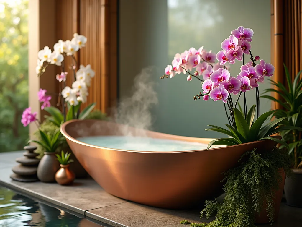 Luxurious Garden Tub Orchid Display - A stunning DSLR wide-angle photograph of a luxurious freestanding garden tub nestled against a bamboo and natural stone backdrop, captured during golden hour. A sleek, multi-tiered copper plant stand showcases an elegant collection of blooming orchids, including pink Phalaenopsis, white Dendrobium, and purple Cattleya varieties. Soft natural light filters through a frosted window, creating a ethereal atmosphere while highlighting the delicate orchid petals. The composition includes trailing moss and small air plants complementing the orchids, with steam gently rising from the tub, emphasizing the humid, spa-like environment. The scene is styled with natural elements including smooth river stones and bamboo accessories, photographed at f/8 for perfect depth of field, capturing every detail of the tropical sanctuary.