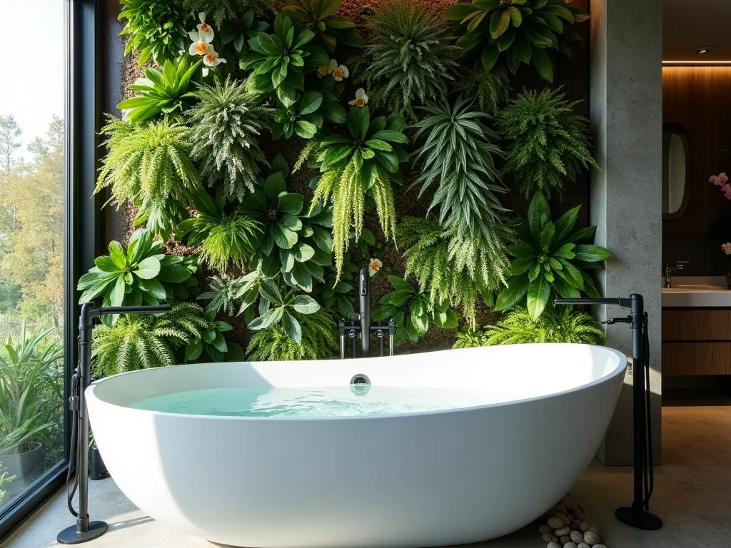 Luxurious Garden Tub with Living Wall - A stunning master bathroom featuring a freestanding white garden tub positioned against a lush vertical garden wall, photographed in soft morning light. The living wall spans floor to ceiling, showcasing a vibrant mix of ferns, pothos, peace lilies, and orchids cascading in various shades of green. Crystal-clear water fills the elegant soaking tub, with natural light streaming through a nearby window, creating gentle reflections on the water's surface. The vertical garden system features integrated lighting and a subtle water feature, with droplets catching the morning light. Modern matte black fixtures complement the natural elements, while small river rocks line the tub's edge, bridging the transition between the garden wall and bathtub.