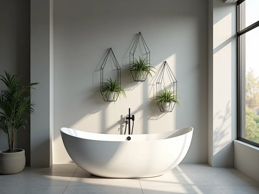 Modern Air Plant Bathroom Sanctuary - A serene modern bathroom at twilight featuring a luxurious freestanding white soaking tub against a minimalist gray wall. Three geometric brushed silver wire frames mounted asymmetrically showcase delicate Tillandsia air plants. Natural light streams through a large window, creating subtle shadows. The wire frames are artistic yet understated, with the air plants appearing to float weightlessly. Crystal-clear acrylic mounts alternate with the wire frames, adding depth and visual interest while maintaining the clean aesthetic. The overall composition emphasizes negative space and zen-like tranquility, with the green air plants providing organic contrast to the bathroom's modern lines.